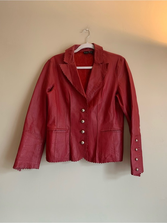 Cami NYC Jackets & Blazers - Cami NYC Red Scalloped-Trim Leather Button Jacket Women Size 12 Vintage